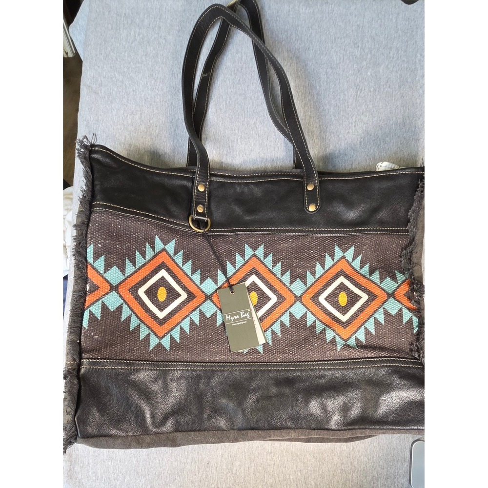 Myra Bag Southwestern Upcycled Canvas Leather Tote Bag NWT Geometric Fringed
